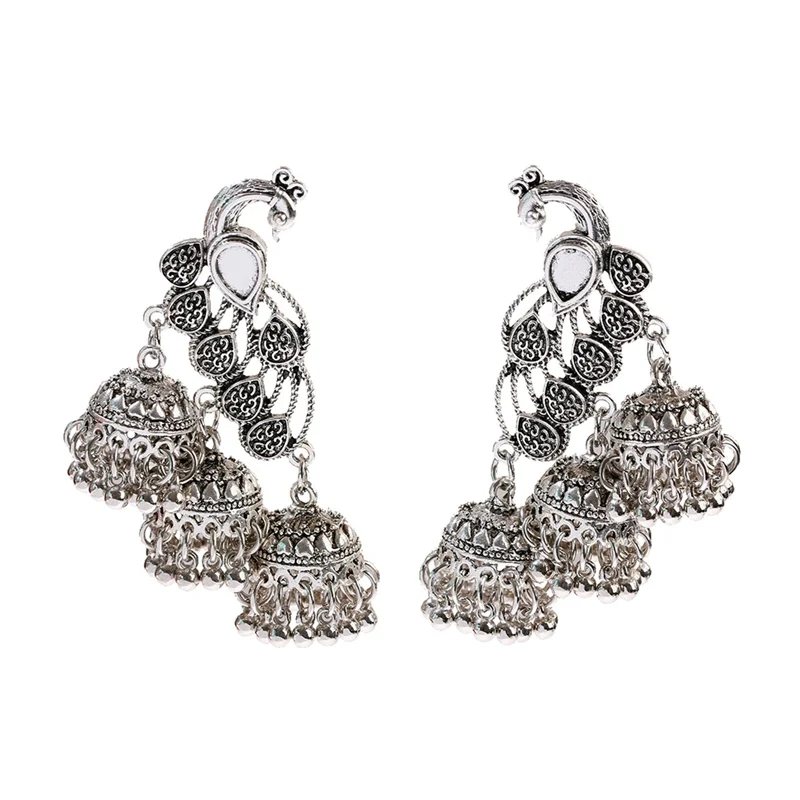 HXE229-1 Ретро Женский Индийский Болливуд павлин Jhumka Jhumki Серебряный Большой колокольчик Длинная кисточка Висячие серьги цыганский Египетский племенной ювелирные изделия подарки - Окраска металла: HXE229-1