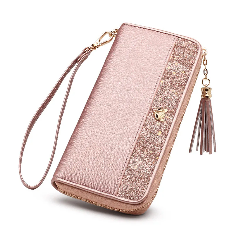 New Fashion Women's Glitter Cowhide Genuine Leather Long Wallets with Wristle Luxury Female Purse Lady Clutch Cellphone Bag | Багаж и