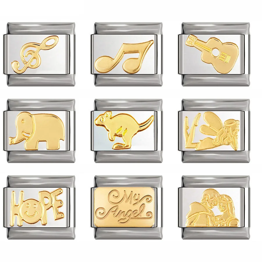 Fyour 9 мм Золотой Браслет Подвески Слон кенгуру Ангел музыка ноты надеюсь