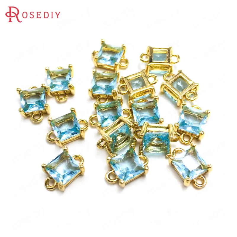 

(38354)10PCS 6MM 24K Champagne Gold Color Brass and Glass 2 Holes Square Connect Charms Pendants Jewelry Findings Accessories