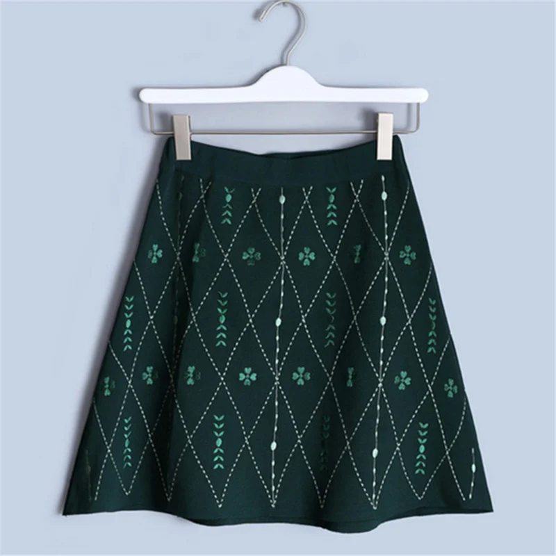 Туника с высокой талией зеленая юбка цветочной вышивкой Женская Винтажная