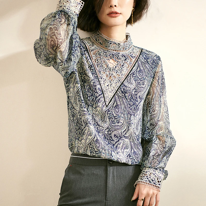 

Женская винтажная блузка с длинным рукавом и воротником-стойкой, свободная шелковая рубашка с принтом, 100%