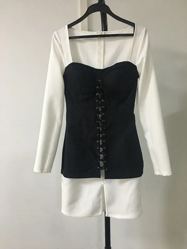 

2021 New Fashion Sexy Black White Patchwork Long Sleeve Mini Bodycon Dress Ladies Party Dress Vestidos