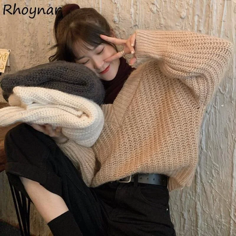 

Pullovers Women V-neck Lazy Ladies All Match Simple Casual Loose Preppy Knitted Sweater Korean Style Popular Streetwear Chic Ins