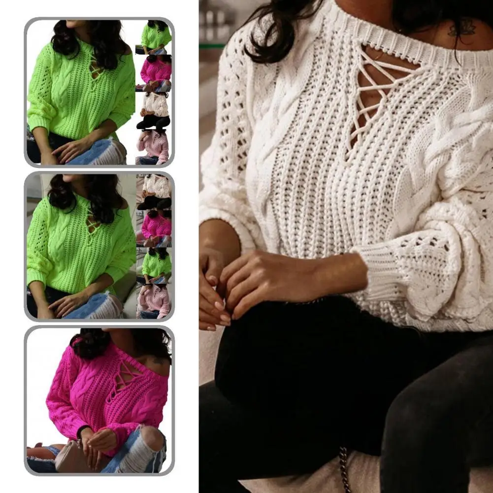 

Bandage Solid Color O-Neck Thicken Knitted Pullover Ladies Clothing
