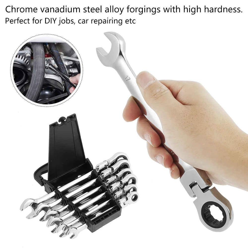 

Professional Flexible Head Combination Ratchet Wrench Set Open End Ring Spanner Metric Tool