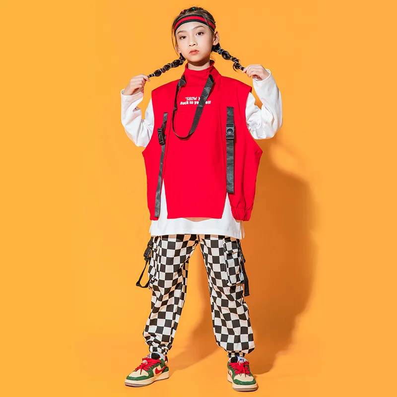 Kid Hip Hop Clothing Sleeveless Jacket Top Streetwear Checkered Tactical Cargo Jogger Pants for Girl Boy Dance Costume Clothes