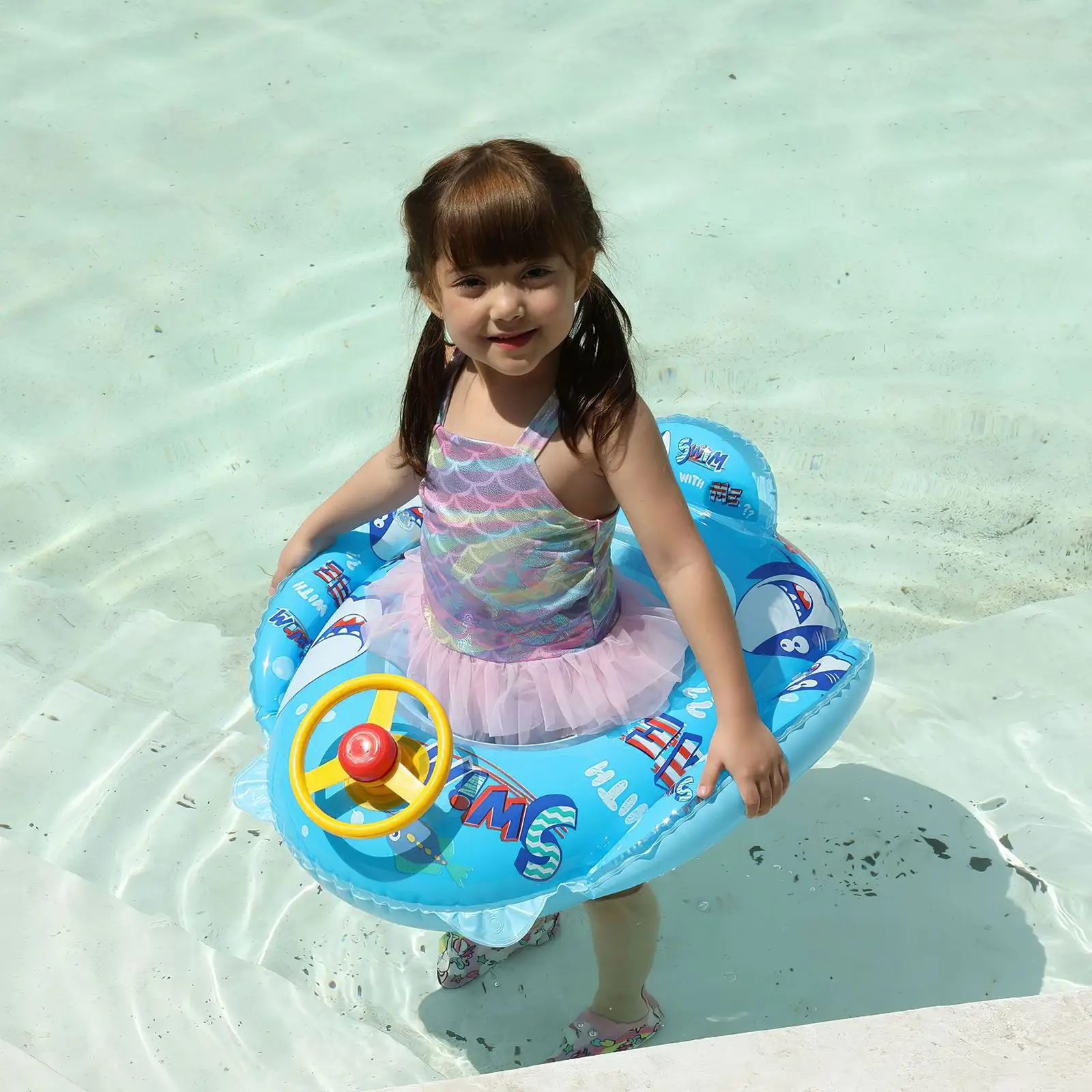 

Baby Swimming Ring with Steering Wheel Thick Cute Round Shape Watering Float Seat Ring Inflatable Swimming Seat Boat For Kid