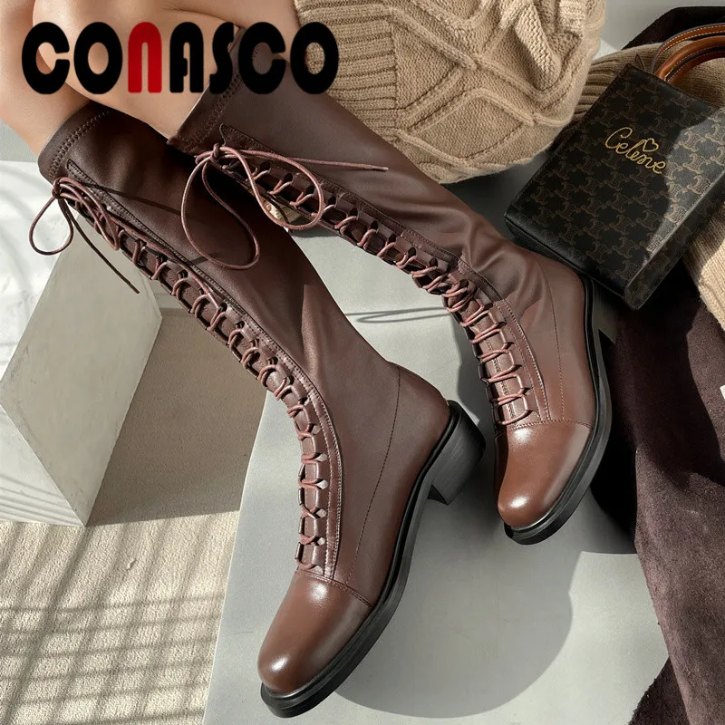 

Классические женские сапоги до колена CONASCO, осенне-зимние теплые сапоги из коровьей кожи, базовая обувь для ночного клуба, вечеринки, выпуск...