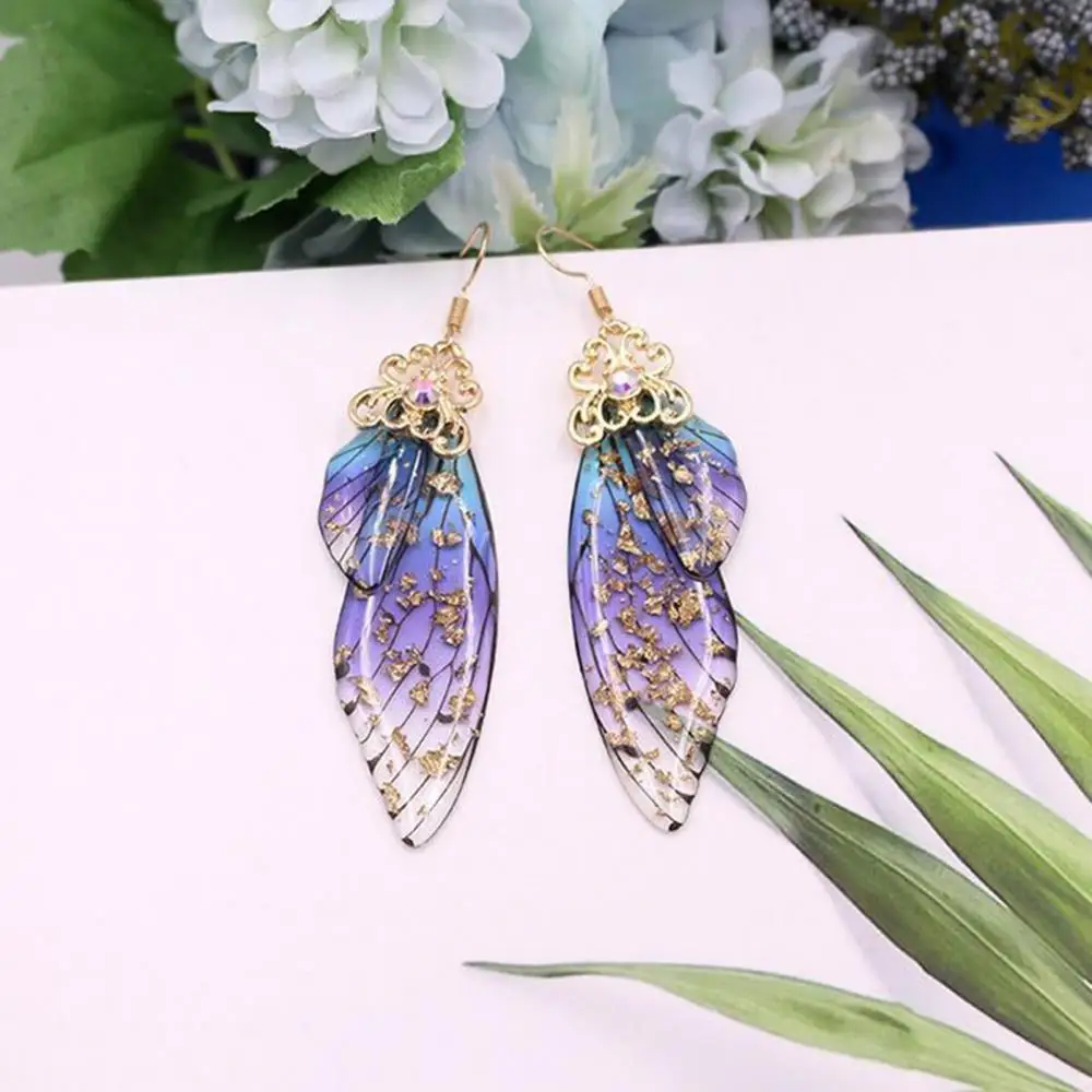 

50%HOT Women's Fashion Earrings Butterfly Wings Gradient Pink Blue Sequins Long Pendant Earrings Rhinestone Ear Hook Jewelry