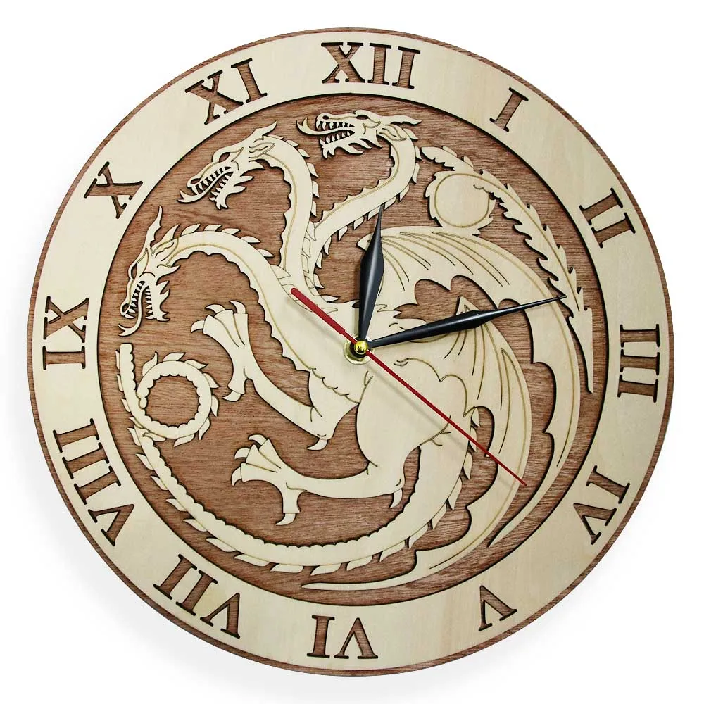 

House of the Dragon Family Wooden Silent Wall Clock Targaryen Fire Breathing Dragon Sigil Rustic Movie Fan Room Décor Watch