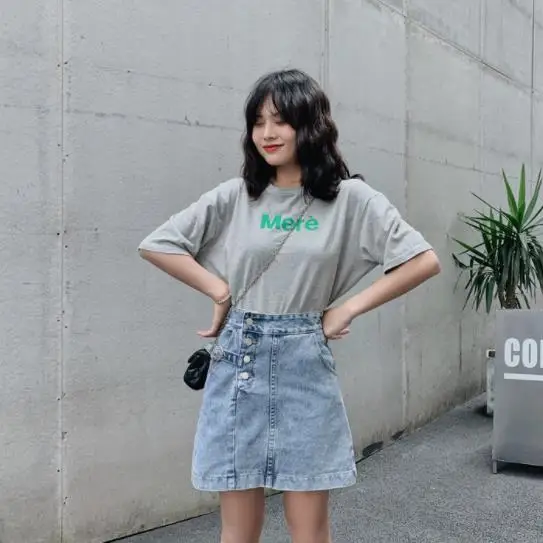 Летняя джинсовая юбка с высокой талией разрезом хит цвета карманами женская