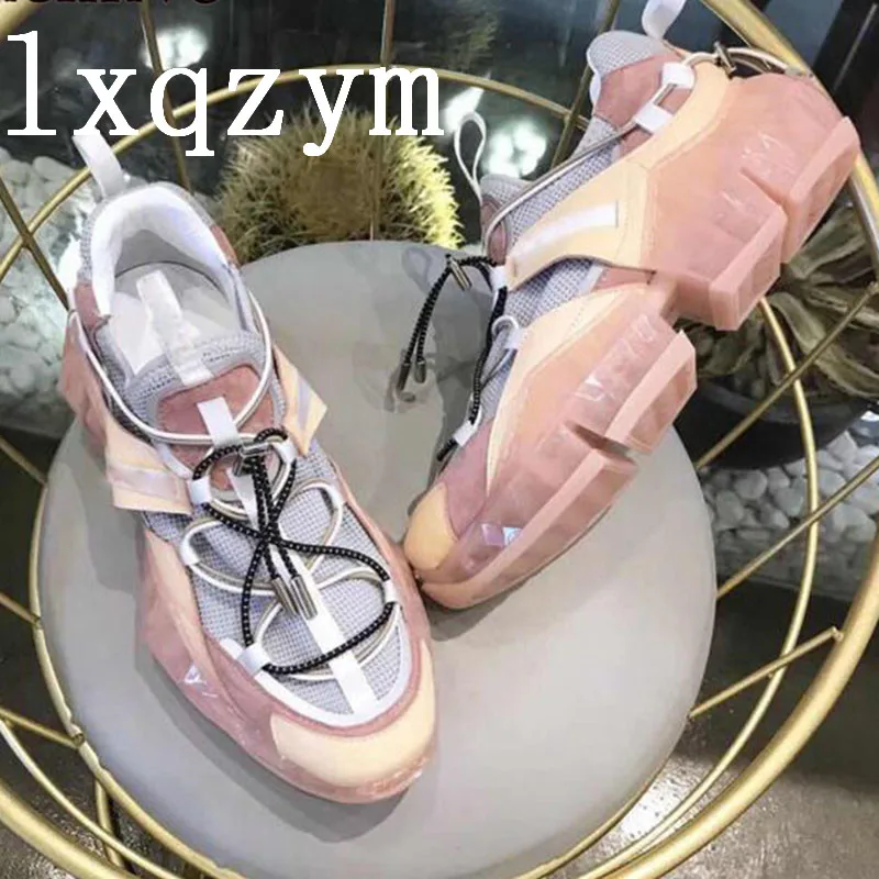 

Designer Women Sneakers Clear Jelly Sole Lace Up Cross Laces Mix Color Casual Ladies Female Runaway Fashion Daddy Shoes Heighten