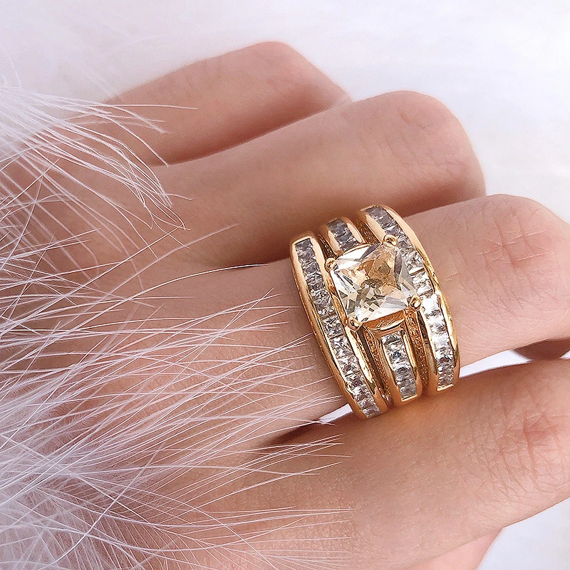 Костюм из трех предметов 14K Золотое свадебное кольцо с бриллиантом набор для женщин Anillos драгоценный камень ювелирные изделия Роскошные 14K золотые обручальные кольца с брилиантами