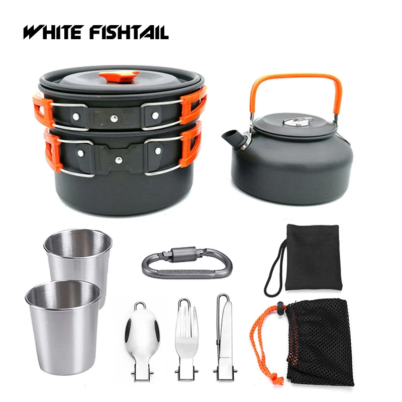 WHITE FISHTAIL 1 Set Outdoor Pots Pans Camping Cookware Picnic Cooking Set Non-Stick Tableware Foldable Spoon Fork Knife Kettle