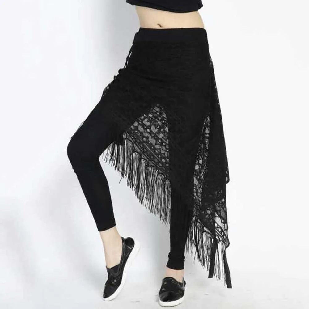 

Rosetic streetwear gothic Leggings women fake two pieces mesh patchwork tassel fashion fitness legging 2021 spring leggins