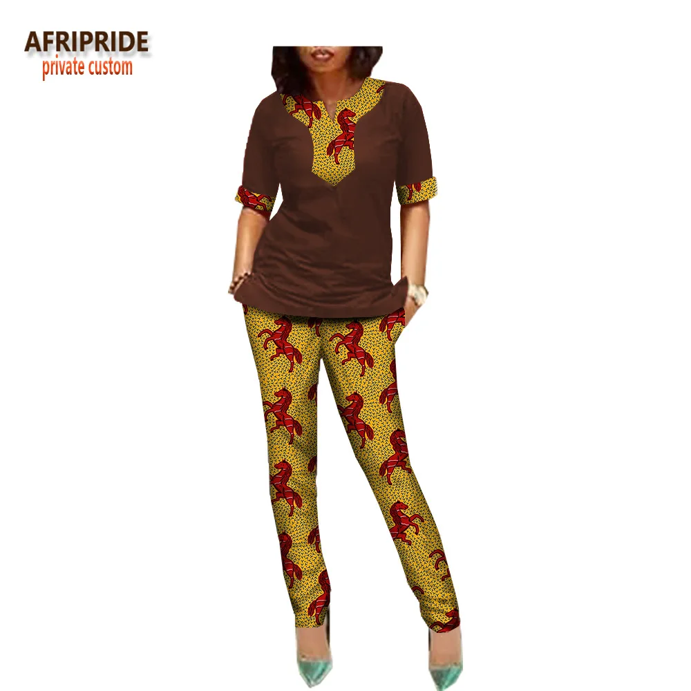 Afripride, африканские брюки, костюм для женщин, сделанный на заказ, половина рукава, блузка+ длинные узкие брюки, Женский Повседневный хлопковый костюм A1826005 - Цвет: 509J