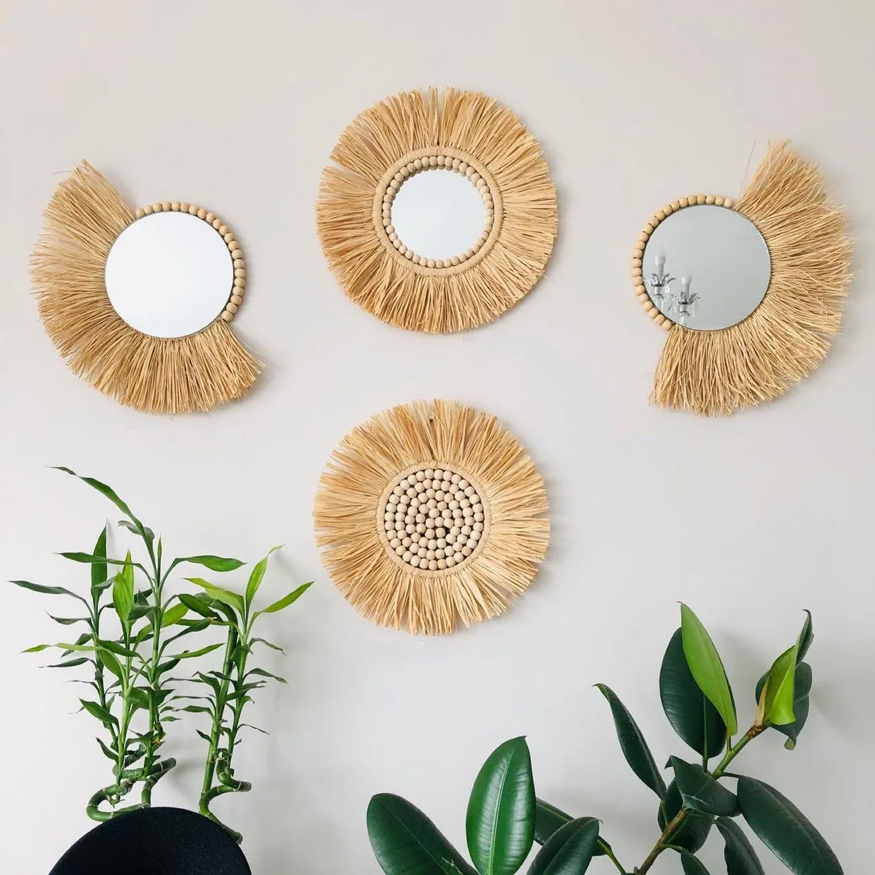 

Kids Wall Decoration Ins Wooden Beads Straw Woven Mirror Living Room Background Wall Porch Wall Pendant Homestay Ornaments