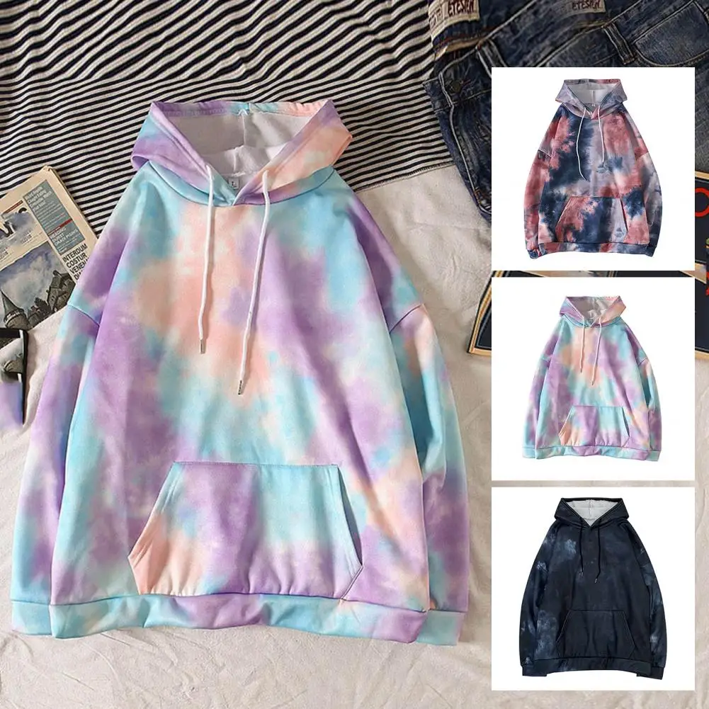 Women Casual Dye Printed Long Sleeve Drawstring Hoodies Sweatshirt with Pockets