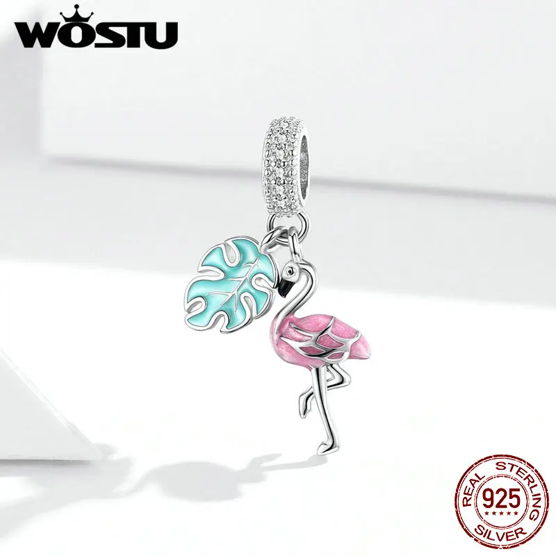 WOSTU 925 пробы серебряные бусины тропические фламинго цветные эмалевые подходят
