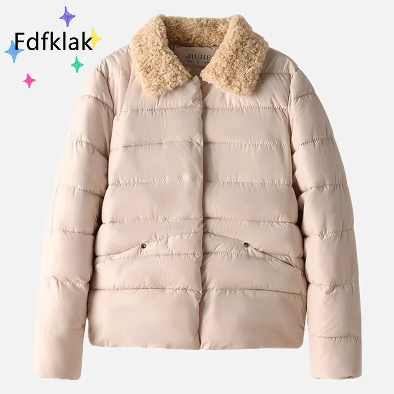 Fdfklak Winter Jacket Warm Soft White Short Jacket Ladies Casual Long Sleeve Turn-Down Collar Coat With Pockets Veste Femme