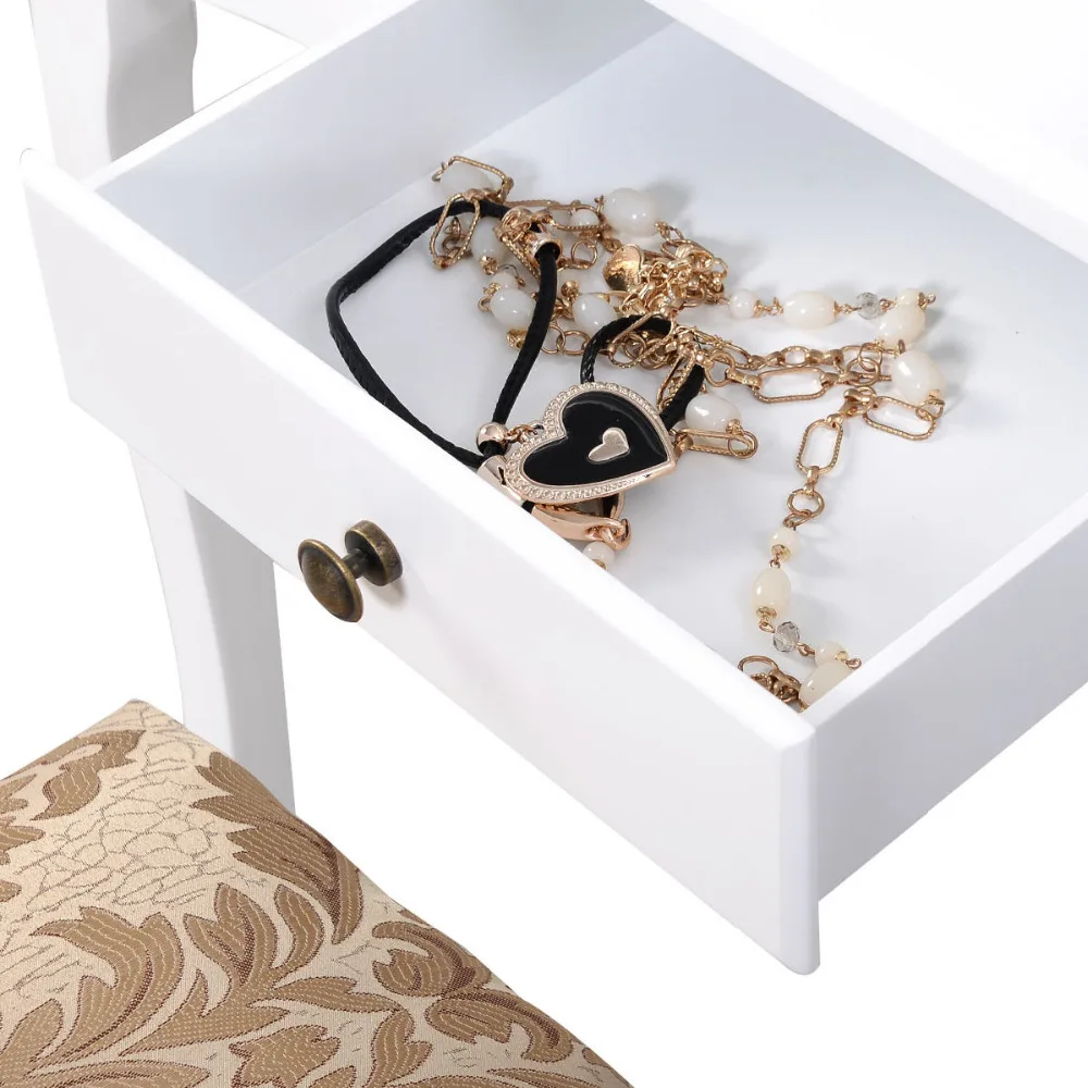 

Goplus Makeup Dressing Table 3 Drawer Vanity and Stool Set White Makeup dresser Table with Adjustable Swivel Oval Mirror HW50201