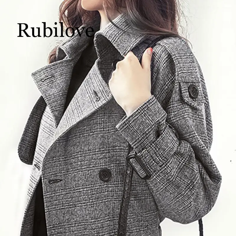 

Rubilove 2019 Female Plaid Overcoat Coats Womens Windbreakers Autumn Trench Coat For Women Sashes Long Cape Manteau Femme Cloak