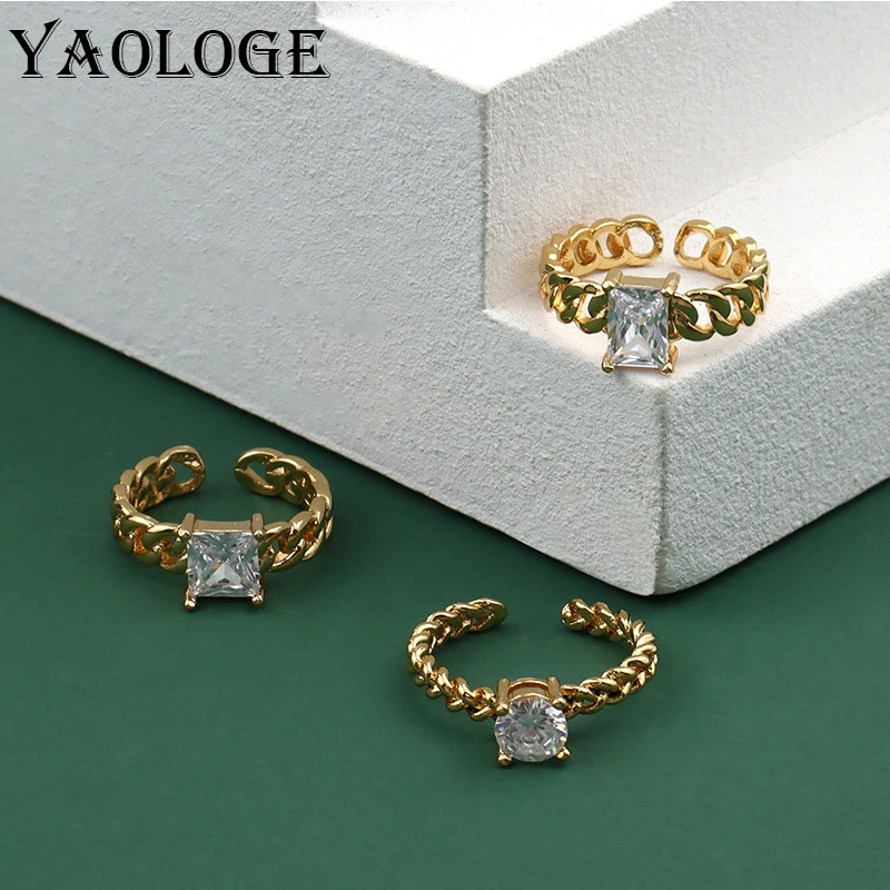 

YAOLOGE 925 Sterling Silver Fashion White Zircon Crystal Gold Chain Ring Female Engagement Ring Jewelry Gift Accessories