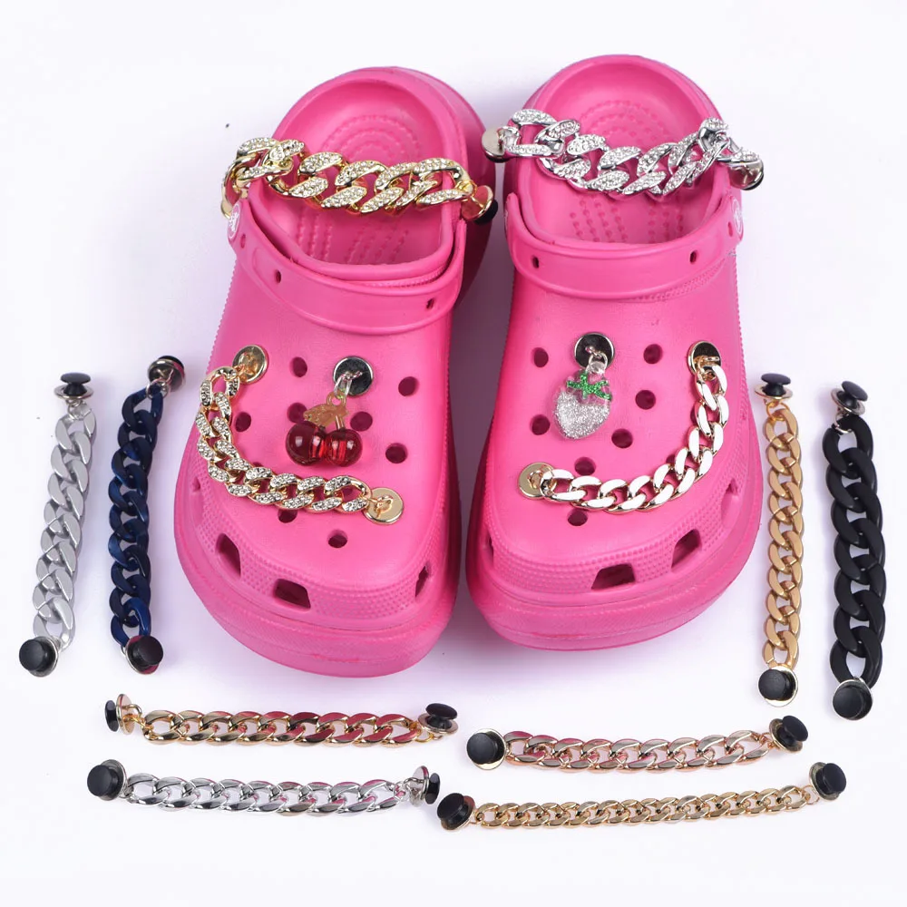 Top Seller 1 Pcs Croc Shoes Charms Gold Silver Bling Black Chain Shoe Metal Decoration Big Clear Plastic Bracelet Accessories