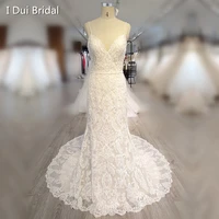 spaghetti strap beaded lace wedding dress sheath low back high quality bridal gown 2022 new