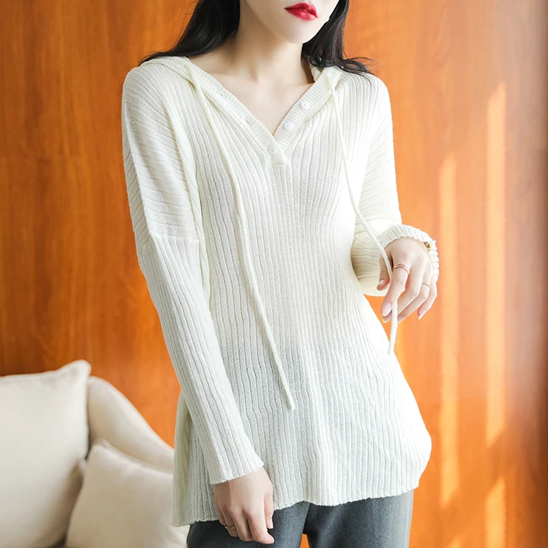 

Spring and summer new pure female V-neck hooded pullover sweater long-sleeved wild casual knit bottoming shirt Wool sweater