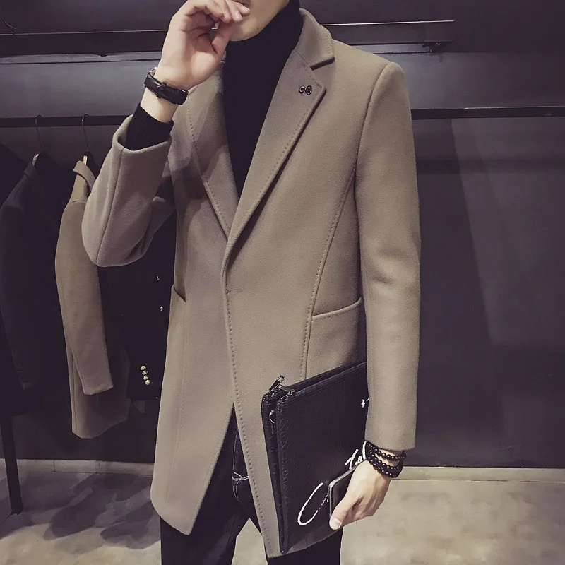 

Мужская ветровка, теплая Новая зимняя куртка, тренчкот средней длины, пальто с воротником и темной пряжкой, мужская деловая Повседневная Ве...