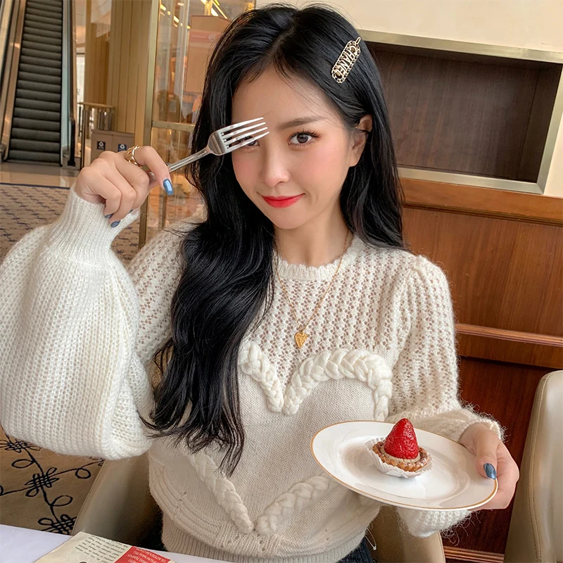 

Корейский модный женский свитер, весна 2021, белый вязаный пуловер с вырезами, сердечками и рукавами-фонариками, свитер, Топ для женщин