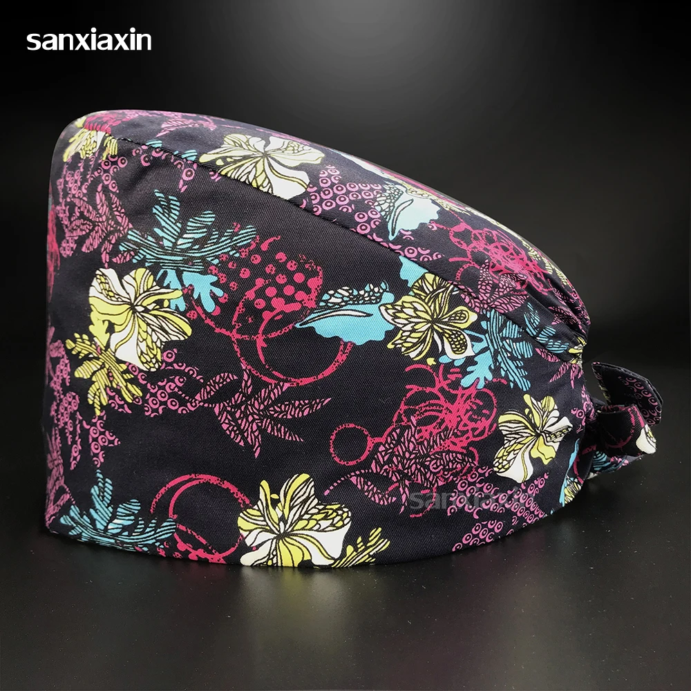 

Adjustable cartoon printing Surgical hat hospital nurse pure cotton nursing hat unisex beauty salon scrubs hat customizable logo