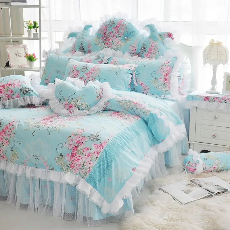 New Pastoral Flower Printed Bedding Set 100%Cotton Lace Ruffle Princess Duvet Cover Bed Skirt Linens Pillowcases King Queen Size