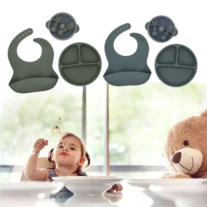

5pcs/set BPA Free Food Grade Baby Silicone Bib Fork Spoon Dishes Plate Bowl Baby Feeding Supplies Newborn Gift