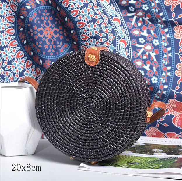 black E 20X8cm Солнечный пляж, ручные тканые сумки, круглая сумка с пряжкой, Ротанговые соломенные сумки, ранец, богемная пляжная круглая сумка - Цвет: black E 20X8cm