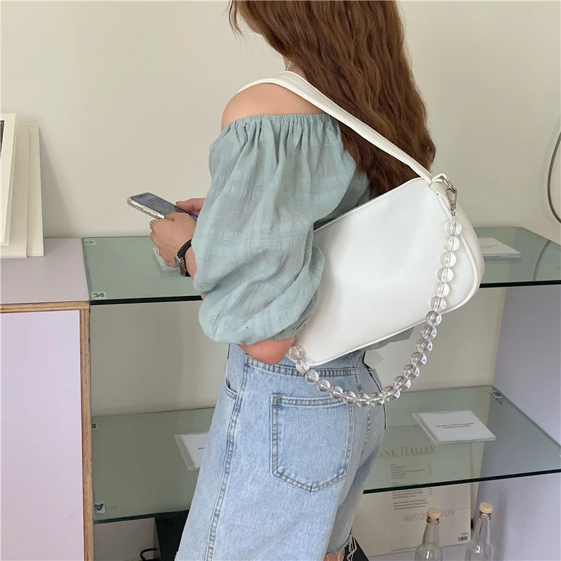 

Summer Fashion Designer Bag for Women Transparent Beaded Chain Shoulder Bag Female Portable Underarm Bags PU Purse Handbags
