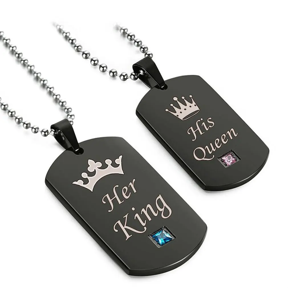 Titanium Steel Tag Her King &amp His Queen Pendant Necklace Beads Chain Jewelry for Women Men Valentine's Day Gifts | Украшения и