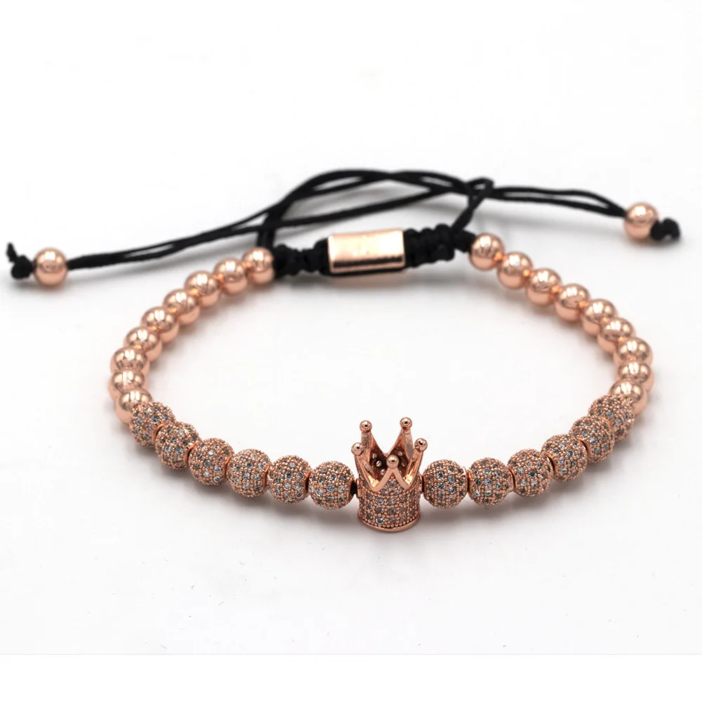 6mm CZ ball rosegold Мода роскошный Римский Королевский браслет с шармом с короной для мужчин Золотой Плетеный Регулируемый мужской браслет для хип хоп ювелирный подарок - Metal Color: 6mm CZ ball rosegold