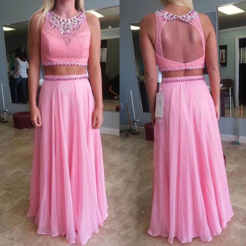 

Hot Pink Two Pieces Prom Dresses Backless Scoop Lace Beaded Long Formal Party Dresses Vestido Formatura