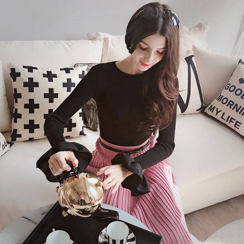 Dabuwawa Ruffled Knitted Women Sweater Flare Sleeve Button Female Pullover Jumper Slim Fit Ladies Turtleneck DN1DJS018 | Женская одежда