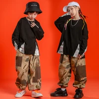 kid cool hip hop clothing black sweatshirt tee top streetwear camo jogger pants for girls boys jazz dance costume clothes