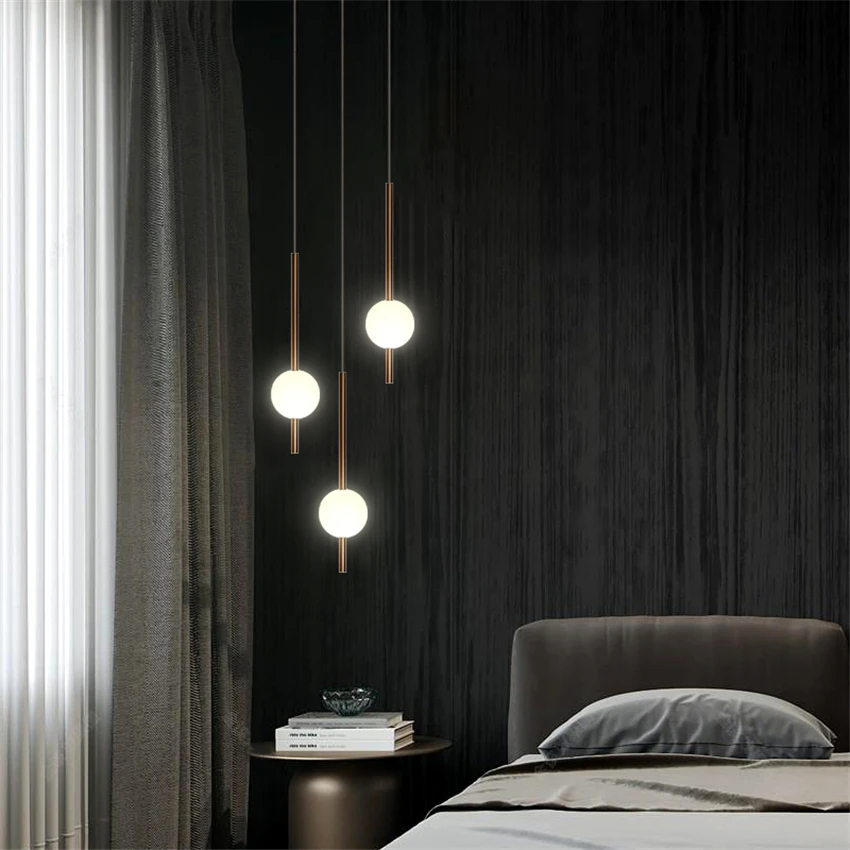 

Nordic Minimalist Long Bedside Pendant Lights Dining Room Bar Brass Single Head Light Luxury Model Room Art Deco Pendant Lamps