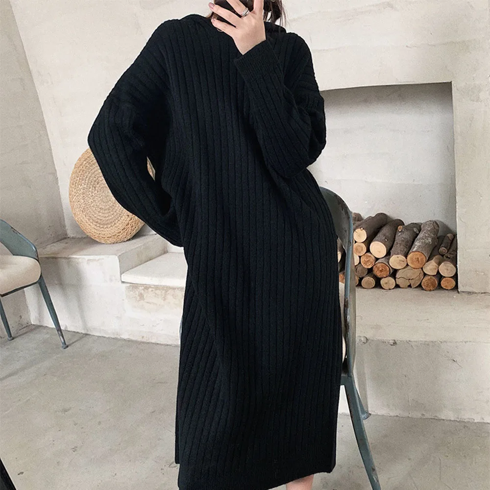 Autumn And Winter Dress New Women's Lazy Style Hooded Loose Knit Stretch Was Thinner Long Sweater Thicken Stripe Dresses | Женская