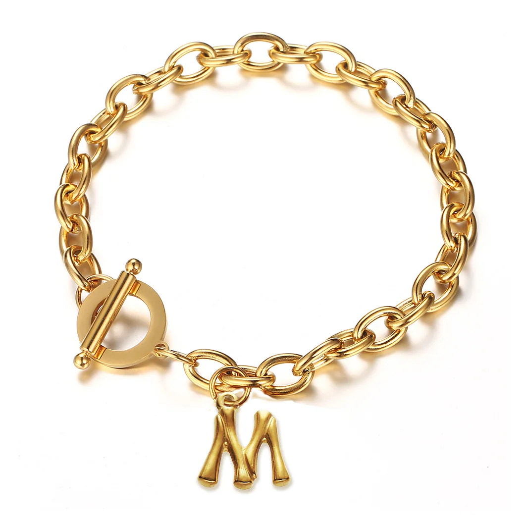 Купи A-Z Initial Letter Bracelet For Women Girls Gold Color Stainless Steel Chain Alphabet Charm Bracelet New Fashion Jewelry A396 за 253 рублей в магазине AliExpress