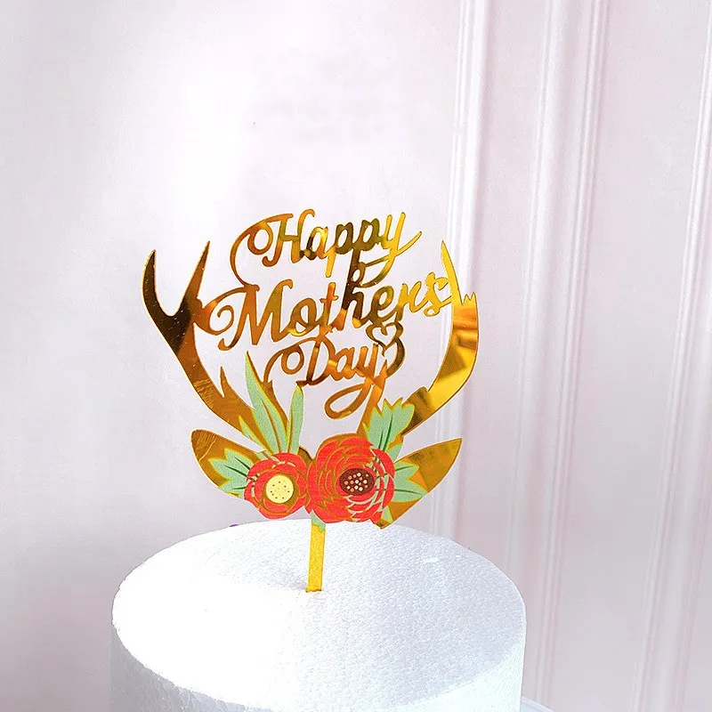 

Printed Flower Acrylic Popular Antique Nice Gold Cake card decoration happy Mother's Day cake decoration
