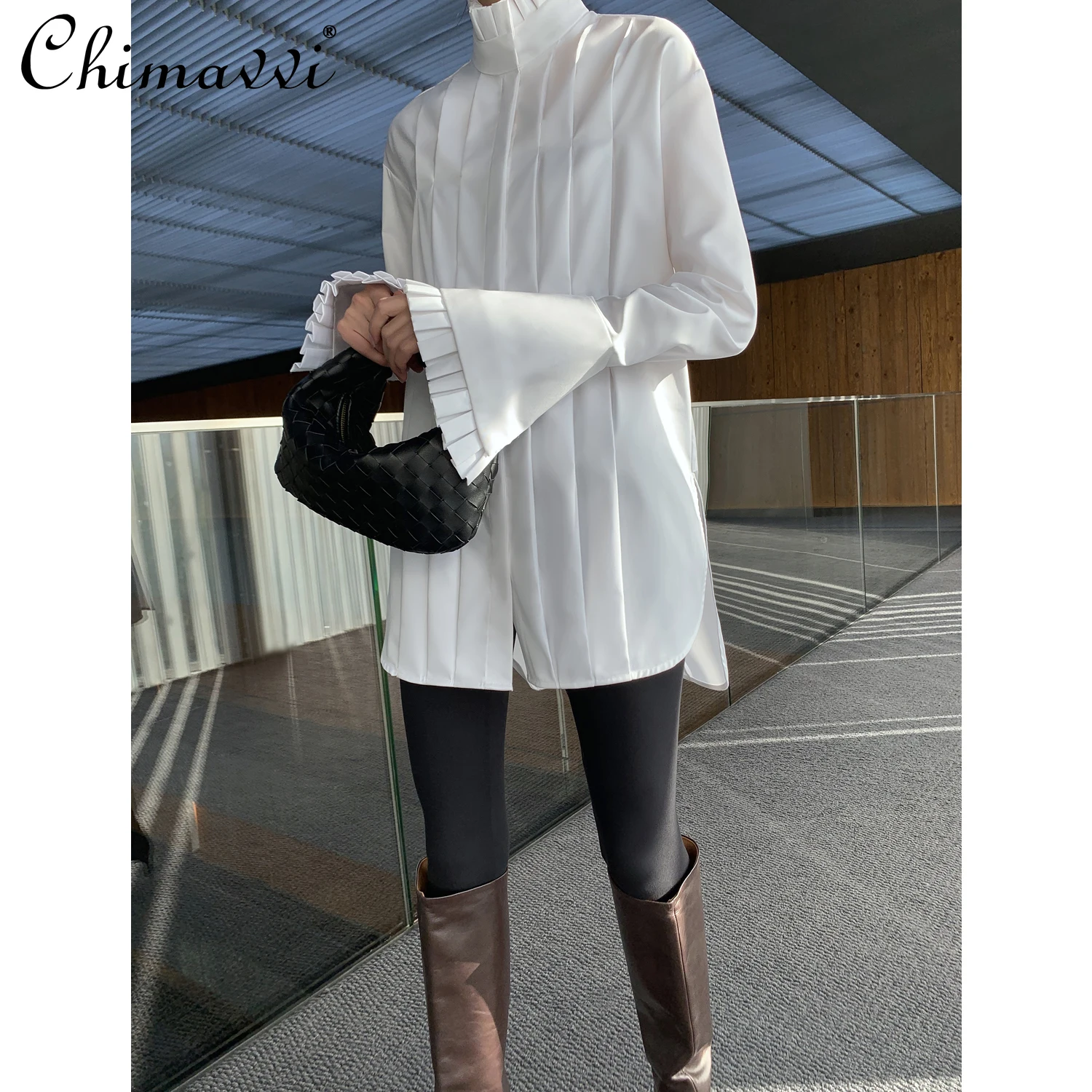 

Women 2021spring and Summer Pleated Lace Stand Collar Shirt Long Sleeve White Shiny Loose Blouses Lady Shirt Sleeve Top