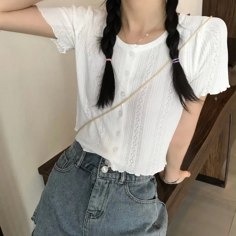 

White Ice Silk Knitted Cardigan Women's Summer 2021 New and Thin Slim-Fit Short-Sleeved T-shirt Short Top with High-Waisted