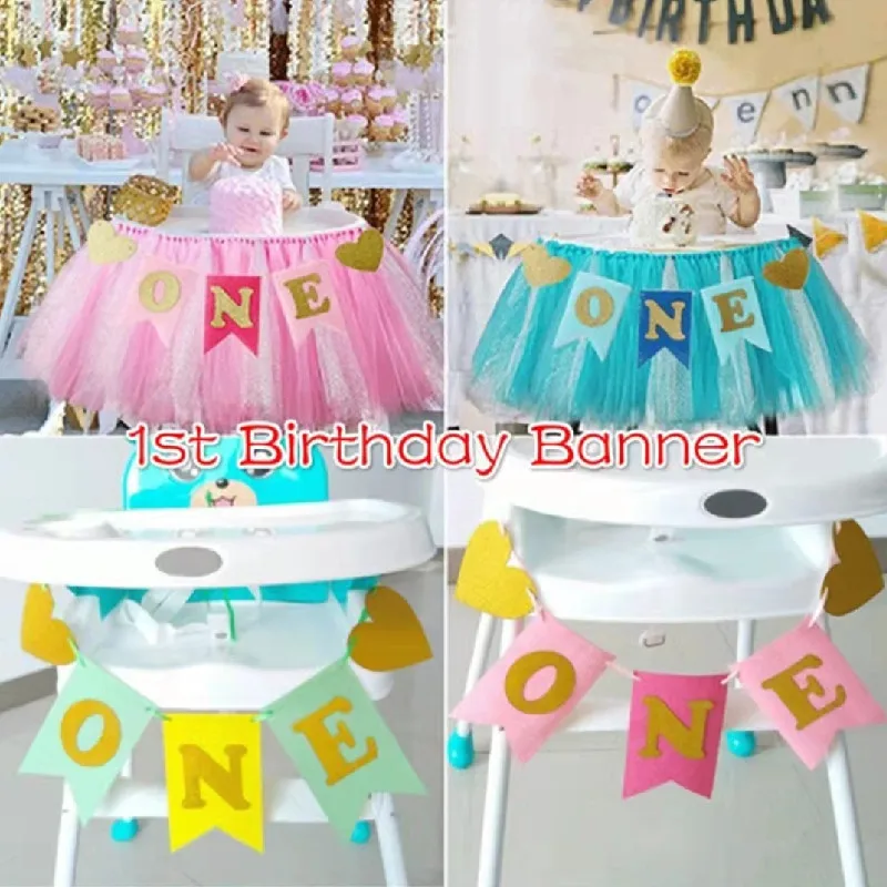 

1st Birthday Chair Banner Boy Girl for highchair Birthday Party Baby Shower Decorations and One Pengdant Garland Gifts Supplies